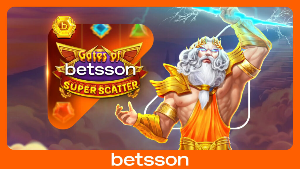 Gates of Super Scatter Betsson | AGIMEG Promotional banner for Betsson's Gates of Betsson Super Scatter slot game, featuring a muscular Greek god with golden armor and lightning.