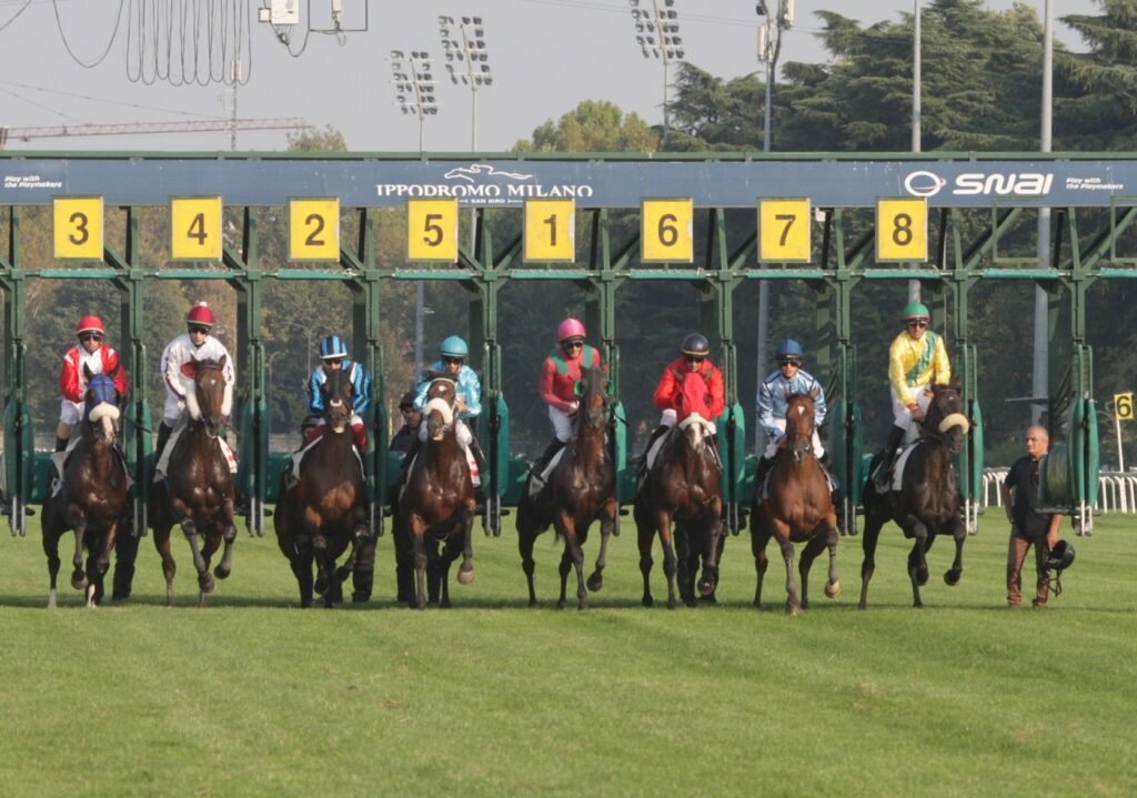 Eight horses with jockeys launching from starting stalls numbered 3 to 8 at a racetrack, colorful silks racing on the green turf.
