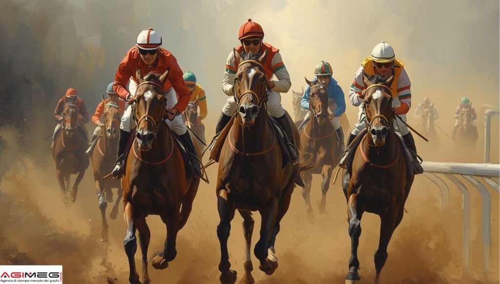 Jockeys in colorful silks race on galloping horses amid a dusty track, conveying speed and competition on a dirt course.