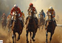Ippica, il TAR Lazio chiede un nuovo esame per l’Ippodromo di Villanova d’Albenga: il MASAF dovrà rivalutare classificazione e contributi Jockeys in colorful silks race on galloping horses amid a dusty track, conveying speed and competition on a dirt course.
