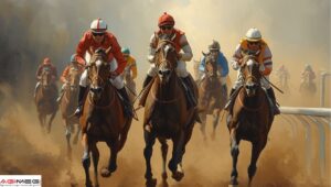 Jockeys in colorful silks race on galloping horses amid a dusty track, conveying speed and competition on a dirt course.