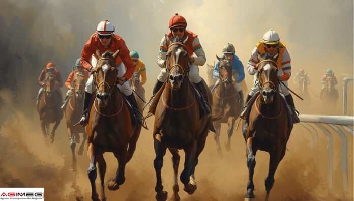 Ippica Jockeys in colorful silks race on galloping horses amid a dusty track, conveying speed and competition on a dirt course.
