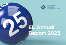 Lotterie: rinnovamento, responsabilità e impatto sociale nel Rapporto 2025 di European Lotteries Blue lottery ball on the left with large white '25' against a teal background, plus the European Lotteries logo and 'EL Annual Report 2025' text on the right.