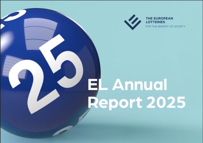 Lotterie Rapporto 2025 Blue lottery ball on the left with large white '25' against a teal background, plus the European Lotteries logo and 'EL Annual Report 2025' text on the right.