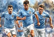 Scommesse Premier League, recupero 31esima giornata: BetItaly punta forte sul Manchester City Illustration of three Manchester City players in light blue kits running forward, banded by a blue-gray watercolor background.