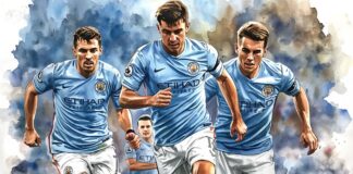 Scommesse Premier League, recupero 31esima giornata: BetItaly punta forte sul Manchester City Illustration of three Manchester City players in light blue kits running forward, banded by a blue-gray watercolor background.