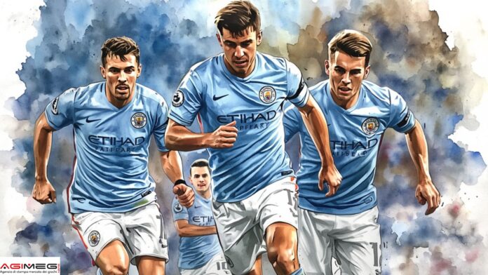 Manchester City Illustration of three Manchester City players in light blue kits running forward, banded by a blue-gray watercolor background.