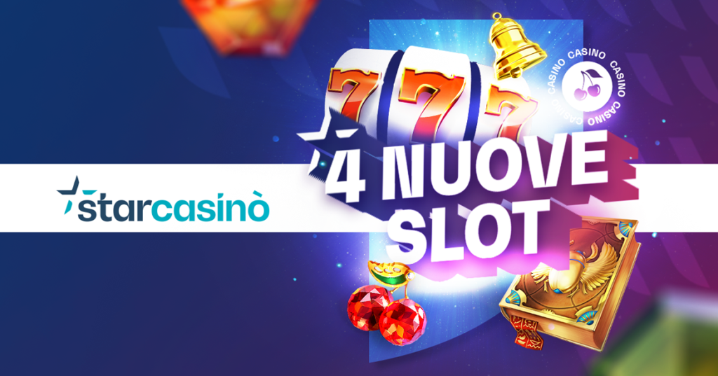 Nuove slot Starcasino maggio | AGIMEG Promotional banner for Starcasino announcing 4 new slots with bright graphics and a slot machine image.