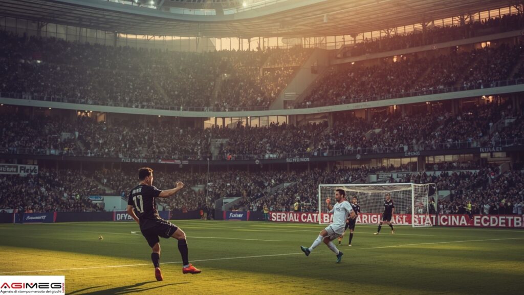 Quote scommesse Serie A | AGIMEG Soccer match in a packed stadium with players near the goal as fans fill the stands.