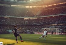 Scommesse 38esima giornata Serie A: Juventus favorita nel derby a 1.42 su Eurobet Soccer match in a packed stadium with players near the goal as fans fill the stands.