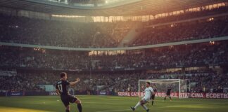Scommesse 38esima giornata Serie A: Juventus favorita nel derby a 1.42 su Eurobet Soccer match in a packed stadium with players near the goal as fans fill the stands.