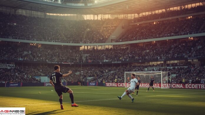 Quote scommesse Serie A Soccer match in a packed stadium with players near the goal as fans fill the stands.