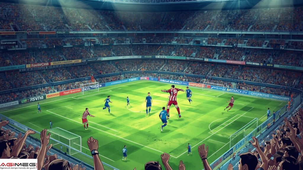 A packed soccer stadium during a match with players in blue and red stripes on a bright green field and cheering fans in the stands.