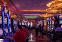 Sala slot, Consiglio di Stato: niente risarcimento se il gestore non chiede subito la sospensione dell’ordinanza sui limiti orari Row of glowing slot machines in a neon-lit casino with players seated and a man standing in a white shirt nearby.