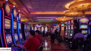 Row of glowing slot machines in a neon-lit casino with players seated and a man standing in a white shirt nearby.