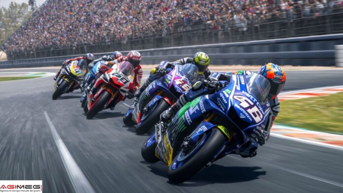 Scommesse MotoGp Group of motorcycle racers leaning into a curve on a crowded racing track, mid-competition.