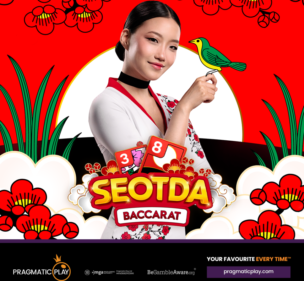 Promotional banner for SEOTDA Baccarat by Pragmatic Play, featuring a woman with a green bird on her finger, red floral backdrop, and logos at the bottom.