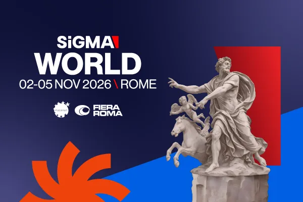 Promo banner for SIGMA World 2026 in Rome with dates and venue, featuring a classical statue and bold geometric shapes.