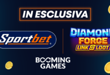 Slot online: su Sportbet in esclusiva Diamond Forge: Link & Loot Exclusive banner showing IN ESCLUSIVA with Sportbet, Diamond Forge Link Loot, and Booming Games logos, plus a blue diamond and scattered coins.