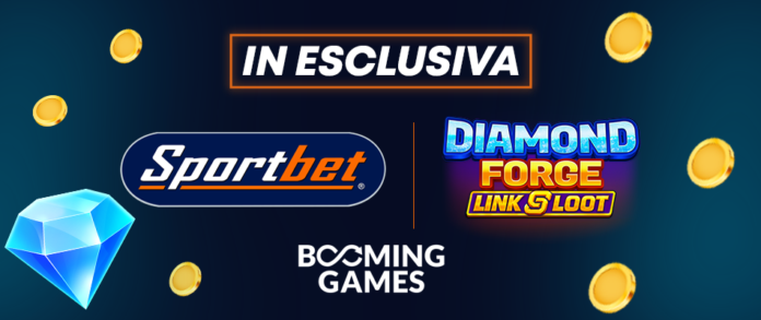 Slot online esclusiva Sportbet Exclusive banner showing IN ESCLUSIVA with Sportbet, Diamond Forge Link Loot, and Booming Games logos, plus a blue diamond and scattered coins.