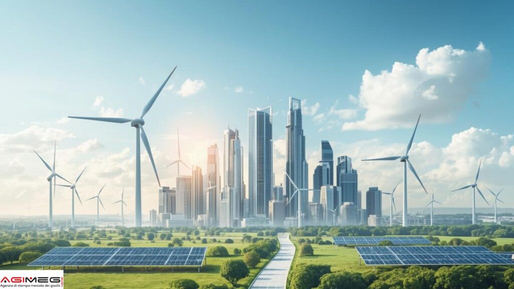 City skyline with wind turbines and solar farms in a green landscape under a blue sky.