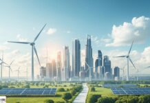 Brightstar riceve il massimo rating ESG da MSCI City skyline with wind turbines and solar farms in a green landscape under a blue sky.