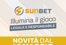 Novità per i concessionari del gioco a distanza: l’impegno di Sunbet per gioco legale e responsabile Sunbet promotional banner announcing legal and responsible gaming with a yellow strip reading 'Novità dal 13 maggio' and logos at the bottom.