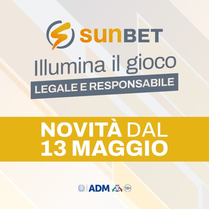 Sunbet Illumina il gioco legale e responsabile Sunbet promotional banner announcing legal and responsible gaming with a yellow strip reading 'Novità dal 13 maggio' and logos at the bottom.