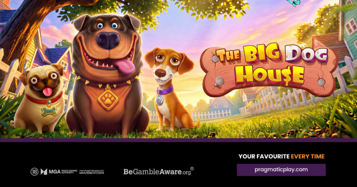 The Big Dog House Pragmatic Play Three cheerful cartoon dogs in a sunny yard frame a bright sign that reads The Big Dog House.