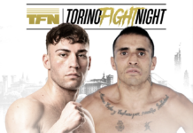 Torino capitale del K-1: il torinese Riccardo Allena all’assalto del Titolo Mondiale WKU contro il veterano Carlos Garcia Torino Fight Night promotional poster showing two shirtless male fighters with a city skyline background and gold logo above them