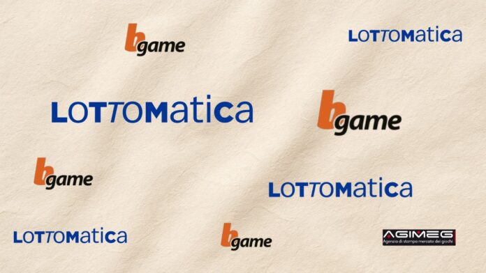 Accordo Lottomatica Bgame Collage of gaming brand logos on a beige textured background, featuring Lottomatica in blue and several orange-and-black 'bgame' marks.
