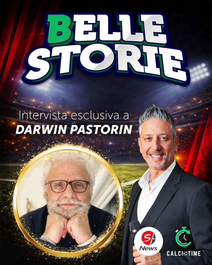 darwin_pastorin_belle_storie_stanleybetnews Promotional poster for 'BELLE STORIE' anuncia entrevista exclusiva con Darwin Pastorin, con presentador en traje y micrófono junto a un retrato circular dorado.