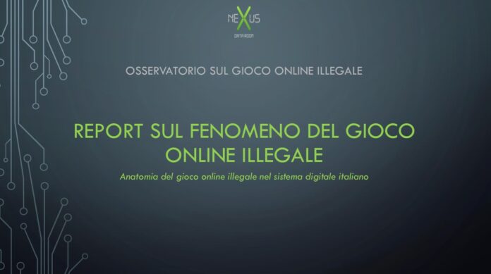report osservatorio gioco online illegale Italian report cover: 'Report sul fenomeno del gioco online illegale' with subtitle and circuit artwork on the left in a dark blue gradient backdrop.