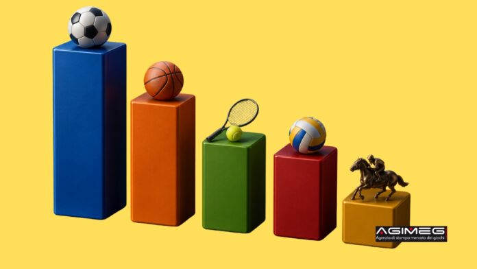 Scommesse online classiche e virtuali Colorful stacked blocks with sports gear on top: soccer ball, basketball, tennis racket with ball, volleyball, and a horse statue on a yellow background. AGIMES logo in corner.