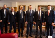ADM: Italia e Moldavia rafforzano la cooperazione doganale Seven men in dark suits pose for a formal group photo in an office setting, with paintings on the wall and a flag in the background.