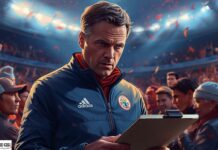 Scommesse nuovo allenatore Milan: per i bookie il favorito è Oliver Glasner a 2.00 Coach in a blue sports jacket with a crest, examining a clipboard amid a cheering stadium crowd.