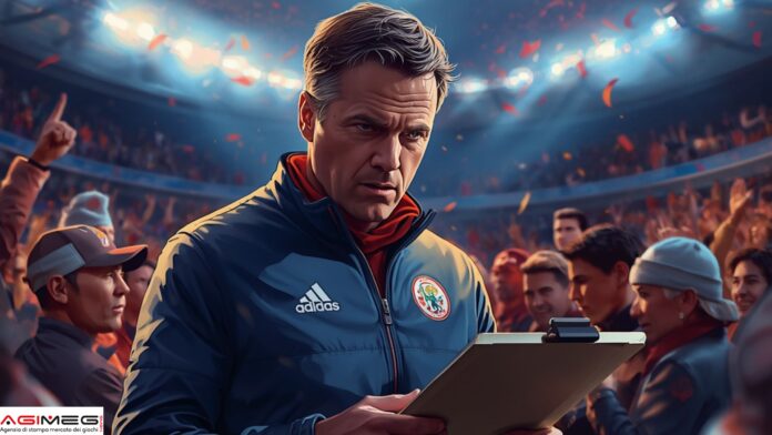 Allenatore Coach in a blue sports jacket with a crest, examining a clipboard amid a cheering stadium crowd.