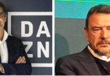 Dazn: lascia l’AD Stefano Azzi. Per sostituirlo pronto Andrea Faelli, ex Ceo Entain Italia Two men in business attire shown side by side: left man with glasses and crossed arms in front of a DAZN backdrop; right man in a suit looking down at a conference scene.