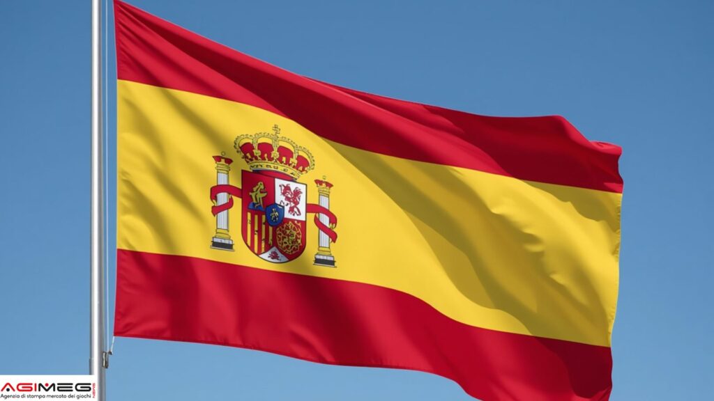 Spanish flag waving in the wind against a clear blue sky, showing red-yellow-red stripes and the national coat of arms in the center of the yellow band.