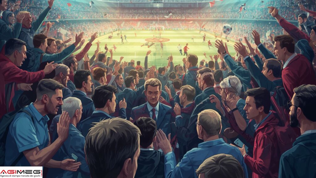Calciomercato | AGIMEG Crowd of fans in blue and red jackets cheer and raise arms in a packed soccer stadium with a bright field beyond.