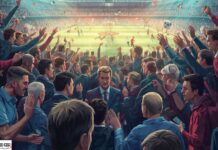 Scommesse calciomercato 2026: per StarCasinò l’addio di Di Gregorio alla Juventus è a 1.35 Crowd of fans in blue and red jackets cheer and raise arms in a packed soccer stadium with a bright field beyond.