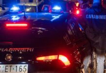 Roma, bisca clandestina e centro di spaccio in una ex sala giochi: arrestato 49enne Italian Carabinieri patrol car with flashing blue lights at night, officer standing beside it