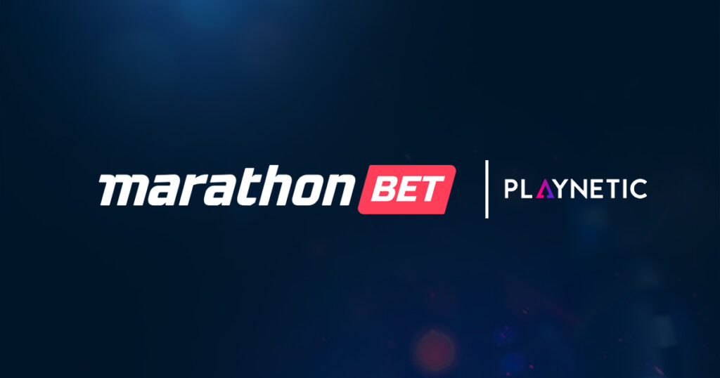 Brand banner with MarathonBet on the left and Playnetic logo on the right on a dark blue gradient background.