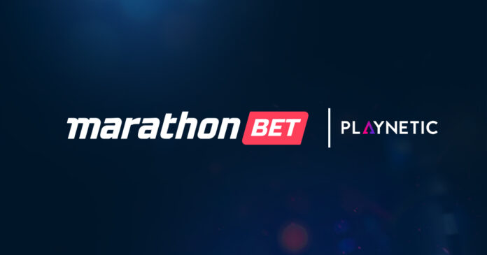 Casino online Marathonbet Playnetic Brand banner with MarathonBet on the left and Playnetic logo on the right on a dark blue gradient background.