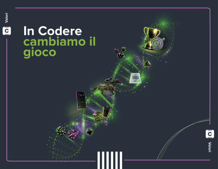 Codere In Codere: cambiamo il gioco, testo in bianco e verde su sfondo scuro con percorso di icone neon di giochi d’azzardo e sport.