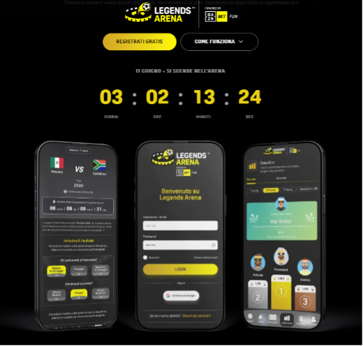 Dazn Bet Legends Arena | AGIMEG Legends Arena promo hero: black background with logo, two yellow/black buttons, countdown timer, and three smartphones showing app screens.