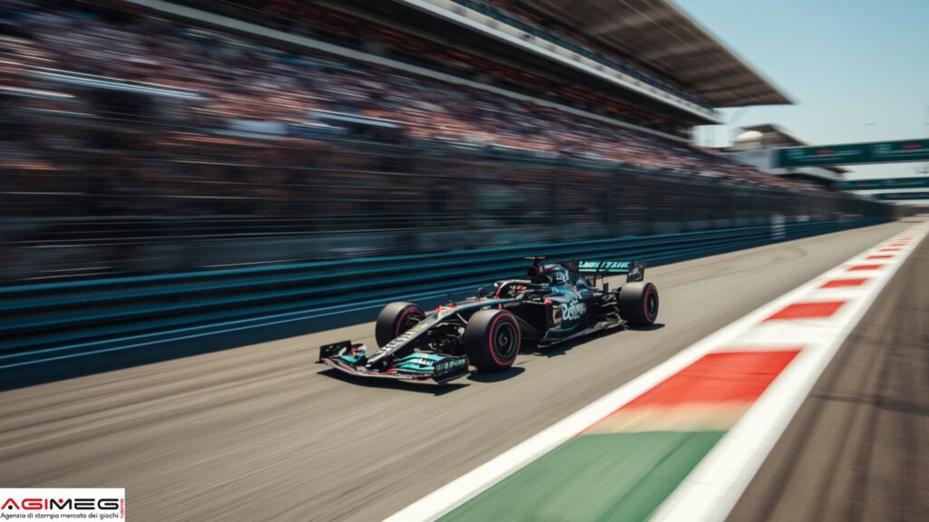 Formula 1 | AGIMEG Race car speeding down a track with blurred grandstands, foreground red-and-white curbs, and a sponsor logo at the corner (motion blur conveys speed).