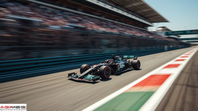 Formula 1 Race car speeding down a track with blurred grandstands, foreground red-and-white curbs, and a sponsor logo at the corner (motion blur conveys speed).