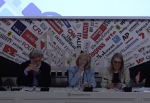 Forum delle Associazioni Familiari, “Scommettere sul futuro”: gli interventi degli onorevoli Boscaini, Cavandoli, Vaccari e Quartini Five panelists seated at a long white desk during a press conference, with a backdrop of various news logos and a projector screen above them.