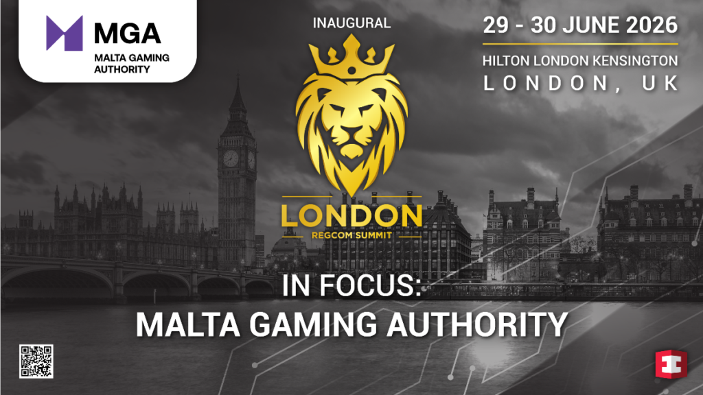 London iGaming RegCom Summit 2026 one week | AGIMEG Event banner for London RegCom Summit: MGA Malta Gaming Authority logo, golden lion crown, London skyline, dates June 29–30, 2026 at Hilton London Kensington, London UK.